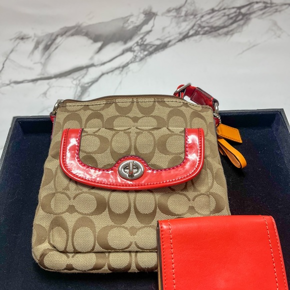 Coach Handbags - NWOT Coach Messenger Crossbody & Wallet Set -Orange Trim & Monogram Canvas